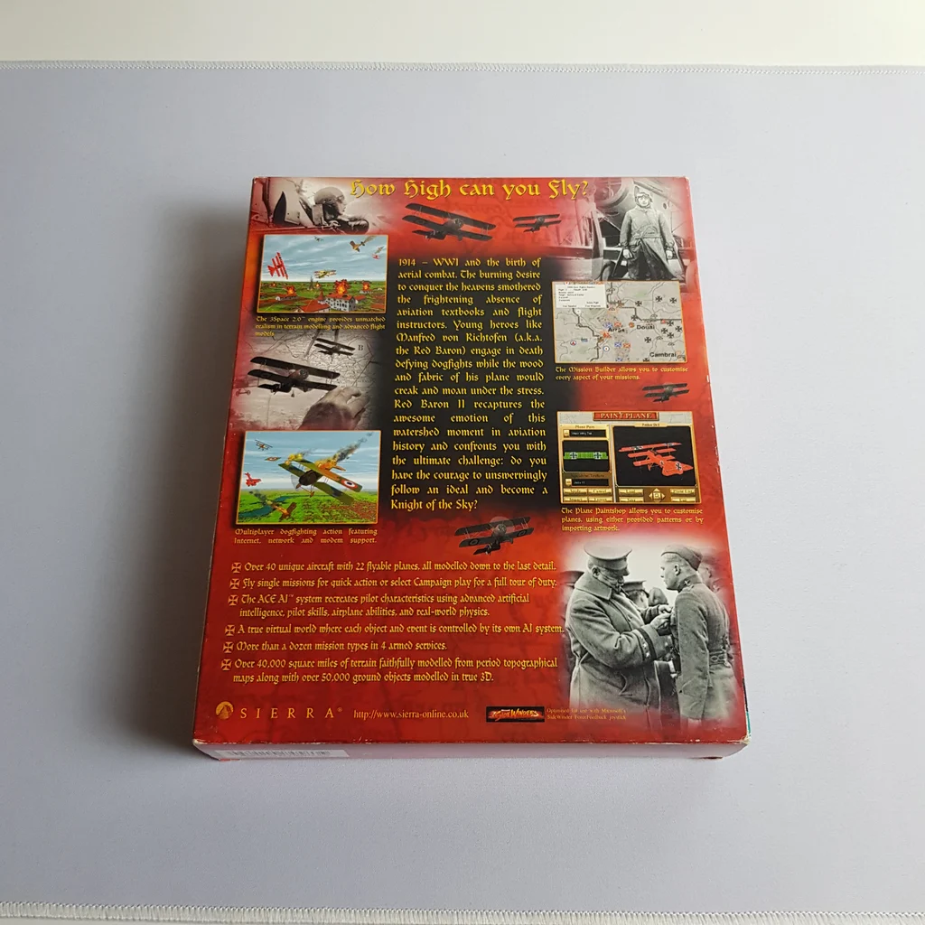 Red Baron II PC játék dobozának hátoldala, leírásokkal és képernyőképekkel.
