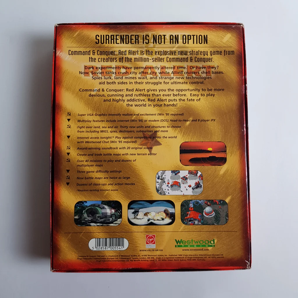 Command & Conquer: Red Alert PC játék dobozának hátoldala, angol leírással és képekkel.