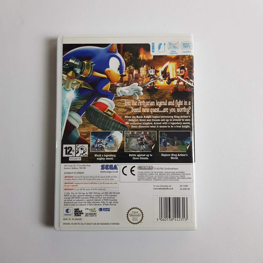 Sonic and the Black Knight Wii játék doboza hátulról, leírásokkal és képekkel