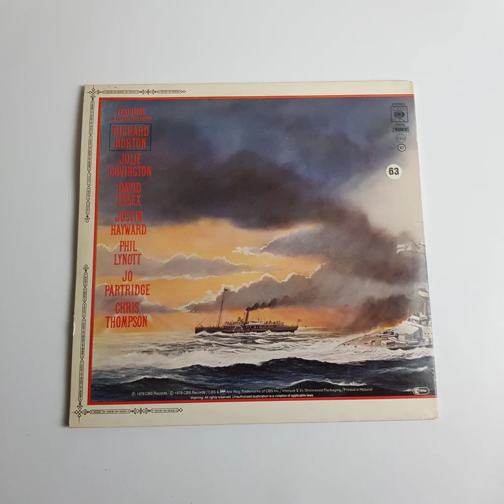 Jeff Wayne's The War of the Worlds bakelit lemez hátlapja festménnyel és szereplők listájával