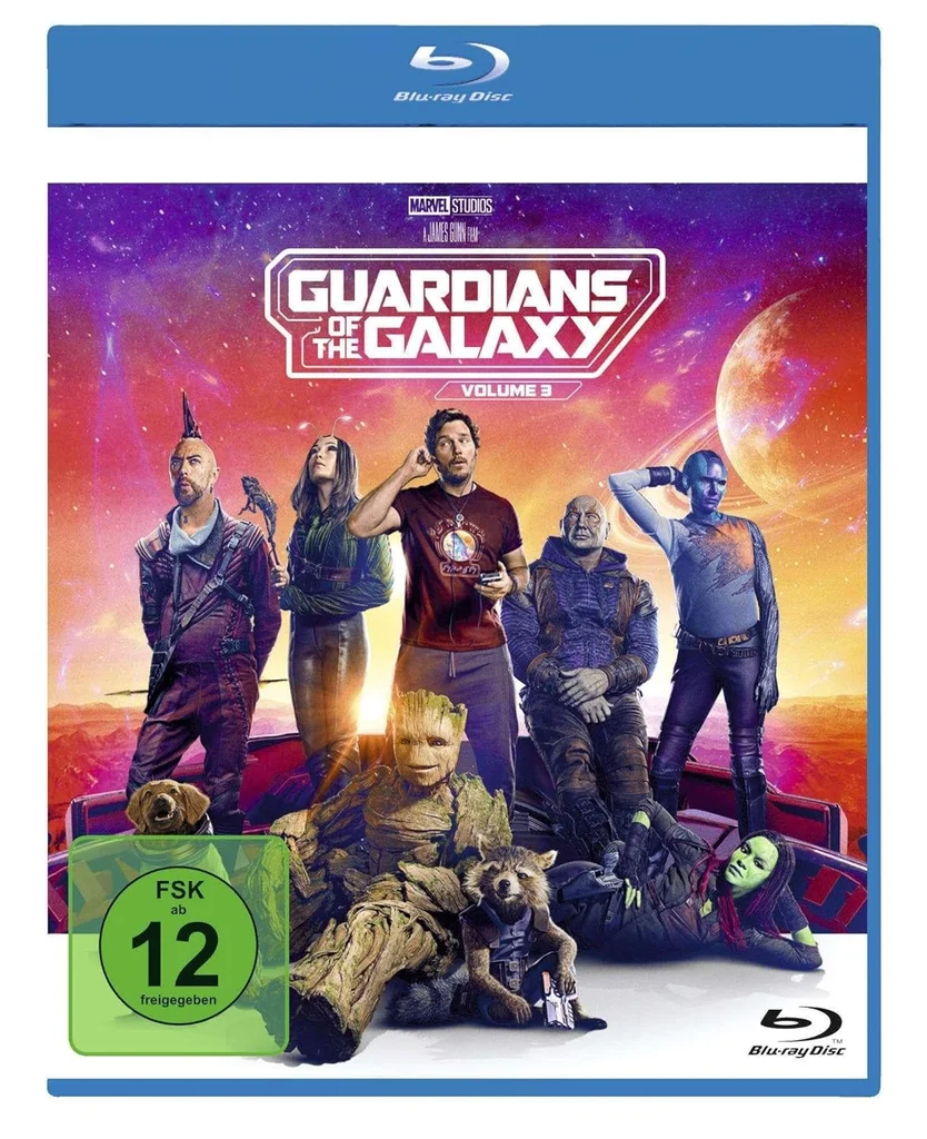 Guardians of the Galaxy Volume 3 Blu-ray borítója, a főszereplőkkel a borítón.
