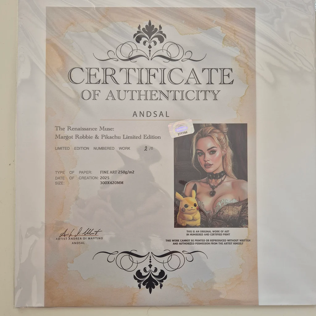 Hitelességi tanúsítvány Margot Robbie & Pikachu limitált kiadású művészeti nyomat számára, részletekkel és aláírással.