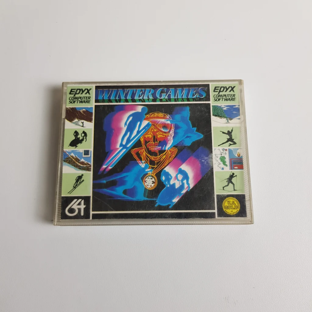 Winter Games videojáték doboza Commodore 64-re, Epyx logóval és sport témájú grafikákkal.