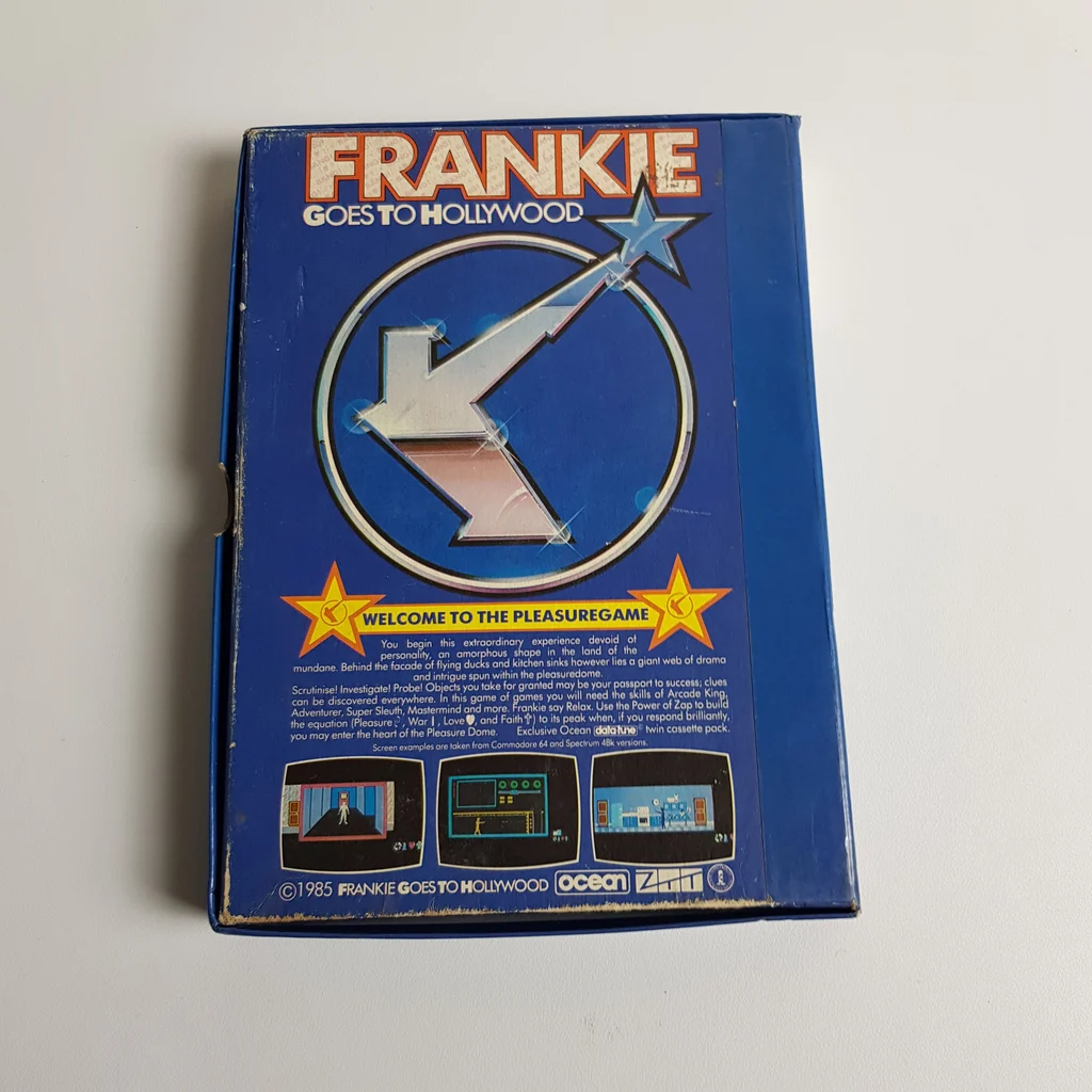 Frankie Goes to Hollywood videojáték doboz hátoldala, kék háttérrel és logóval, Ocean kiadásban.