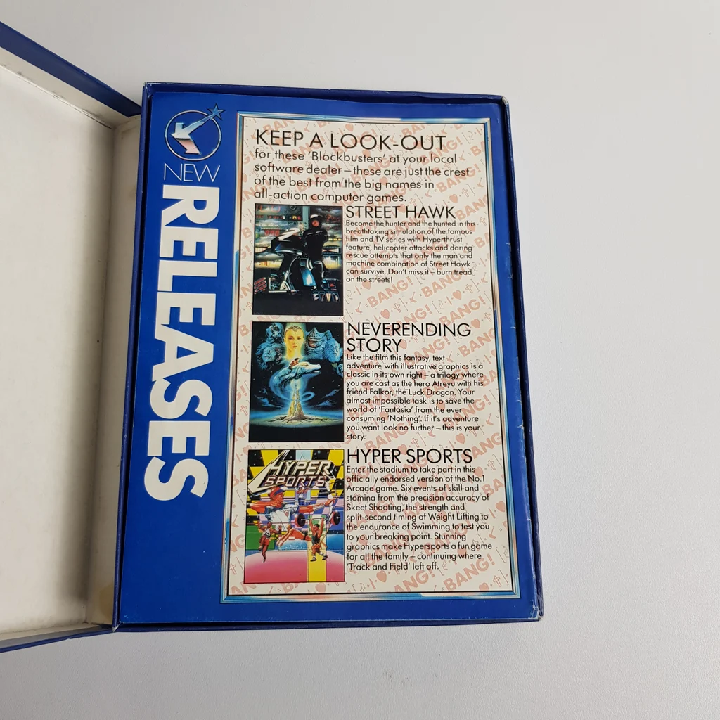 Új kiadások listája és borítókép Street Hawk, Neverending Story és Hyper Sports játékokról, retro stílusban.