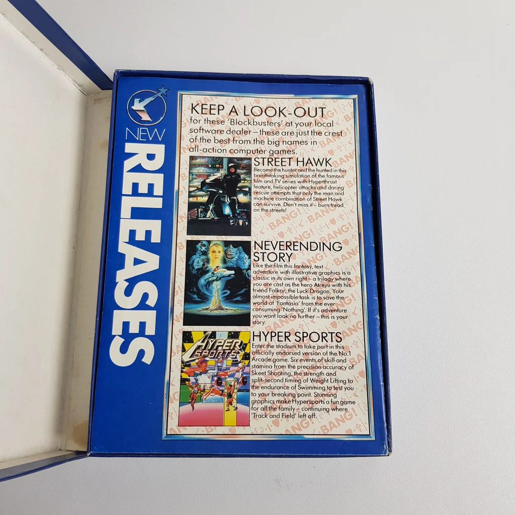 Új kiadások listája és borítókép Street Hawk, Neverending Story és Hyper Sports játékokról, retro stílusban.