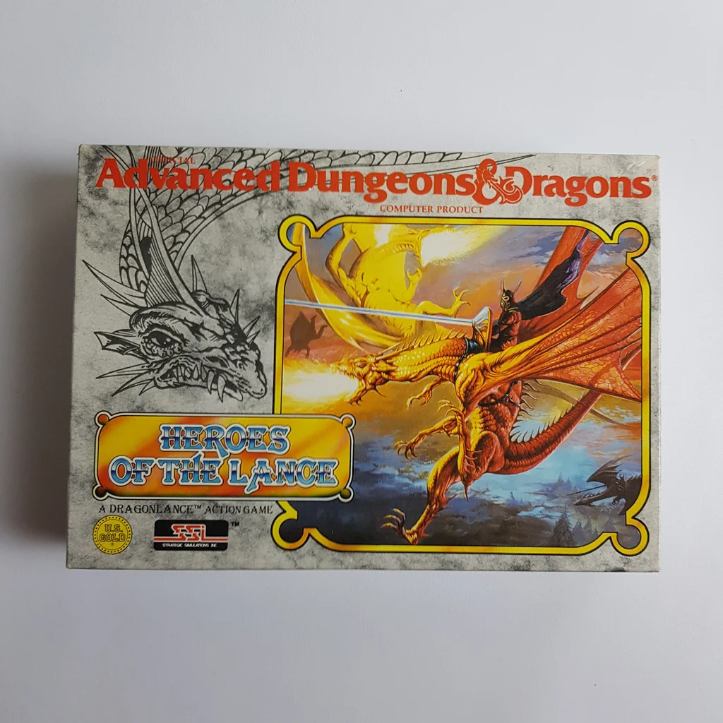 Advanced Dungeons & Dragons: Heroes of the Lance videojáték doboz elölről, sárkányos illusztrációval