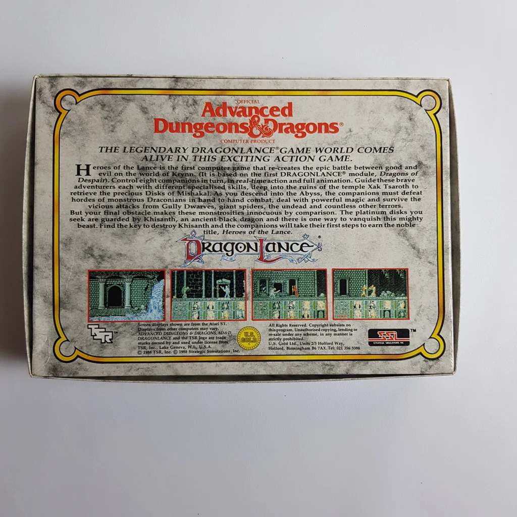 Advanced Dungeons & Dragons: Heroes of the Lance videojáték doboz hátulja, játékleírással és képernyőképekkel