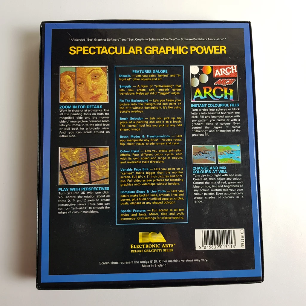 Deluxe Paint II Amiga szoftver doboz hátulja A Deluxe Paint II Amiga szoftver dobozának hátoldala, leírásokkal és képekkel.