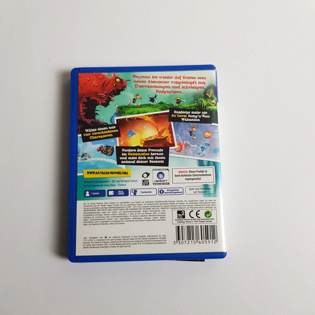 Rayman Origins PS Vita játék hátlapja Rayman Origins videojáték hátlapja PS Vita platformra, színes grafikával és német nyelvű leírással.