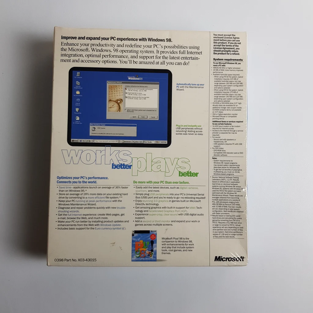 Microsoft Windows 98 doboz hátoldala részletes leírással Microsoft Windows 98 doboz hátoldala, részletes leírással és képernyőképpel az operációs rendszerről.