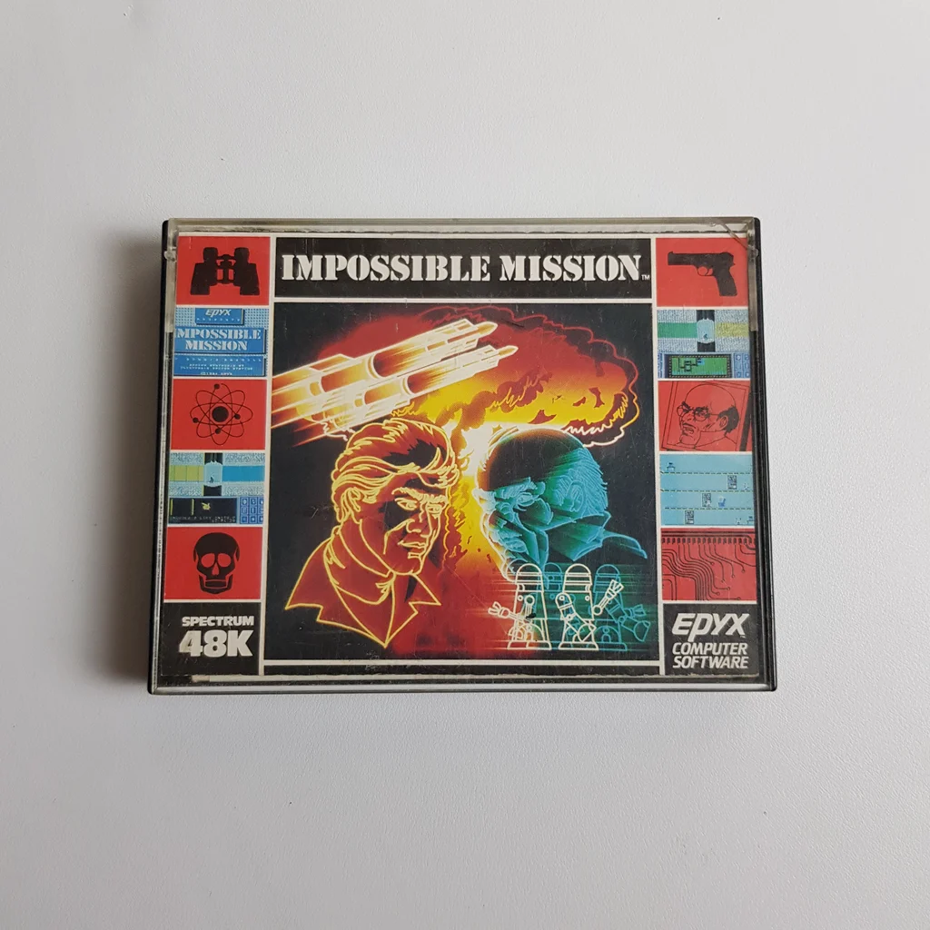 Impossible Mission Spectrum 48K játék doboz elölnézet Impossible Mission Spectrum 48K játék doboza színes grafikával, elölnézetből.