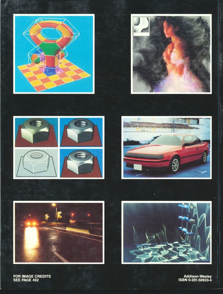 Computer Graphics magazin hátlapja 1990-ből A Computer Graphics magazin hátlapja, különböző számítógépes grafikákkal és egy piros autóval.