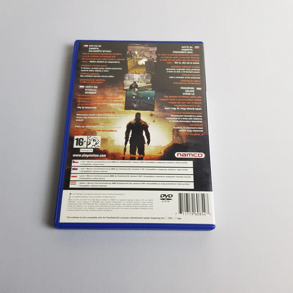 Kill Switch videojáték hátlap PlayStation 2 platformra, Namco logóval és 16+ korhatár jelzéssel