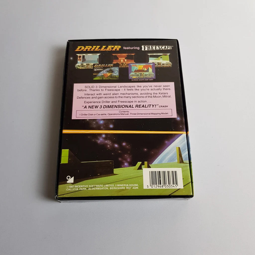 Driller videojáték hátlap Commodore 64-hez Driller videojáték hátlapja Commodore 64 platformra, színes grafikával és leírással.