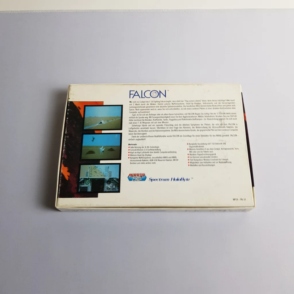 Falcon Amiga videojáték doboz hátulja A Falcon nevű Amiga videojáték dobozának hátoldala, képernyőképekkel és leírással.