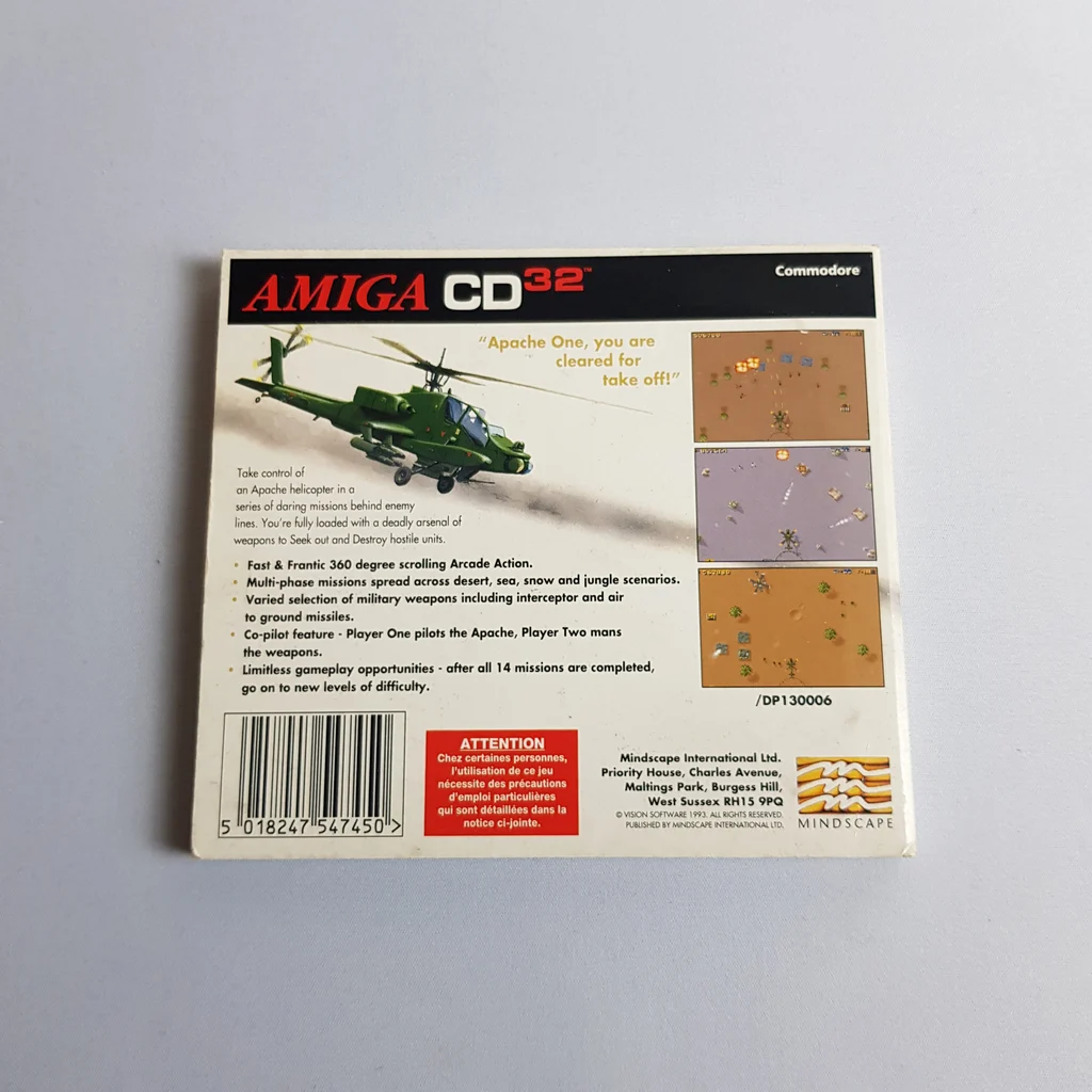 Seek & Destroy Amiga CD32 videojáték hátlap Seek & Destroy videojáték hátlapja Amiga CD32 platformra, helikopterrel és játékképernyőkkel.