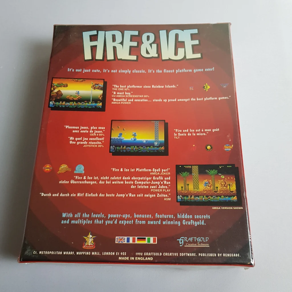 Fire & Ice videojáték doboza hátulról, képernyőképekkel és játékleírással.