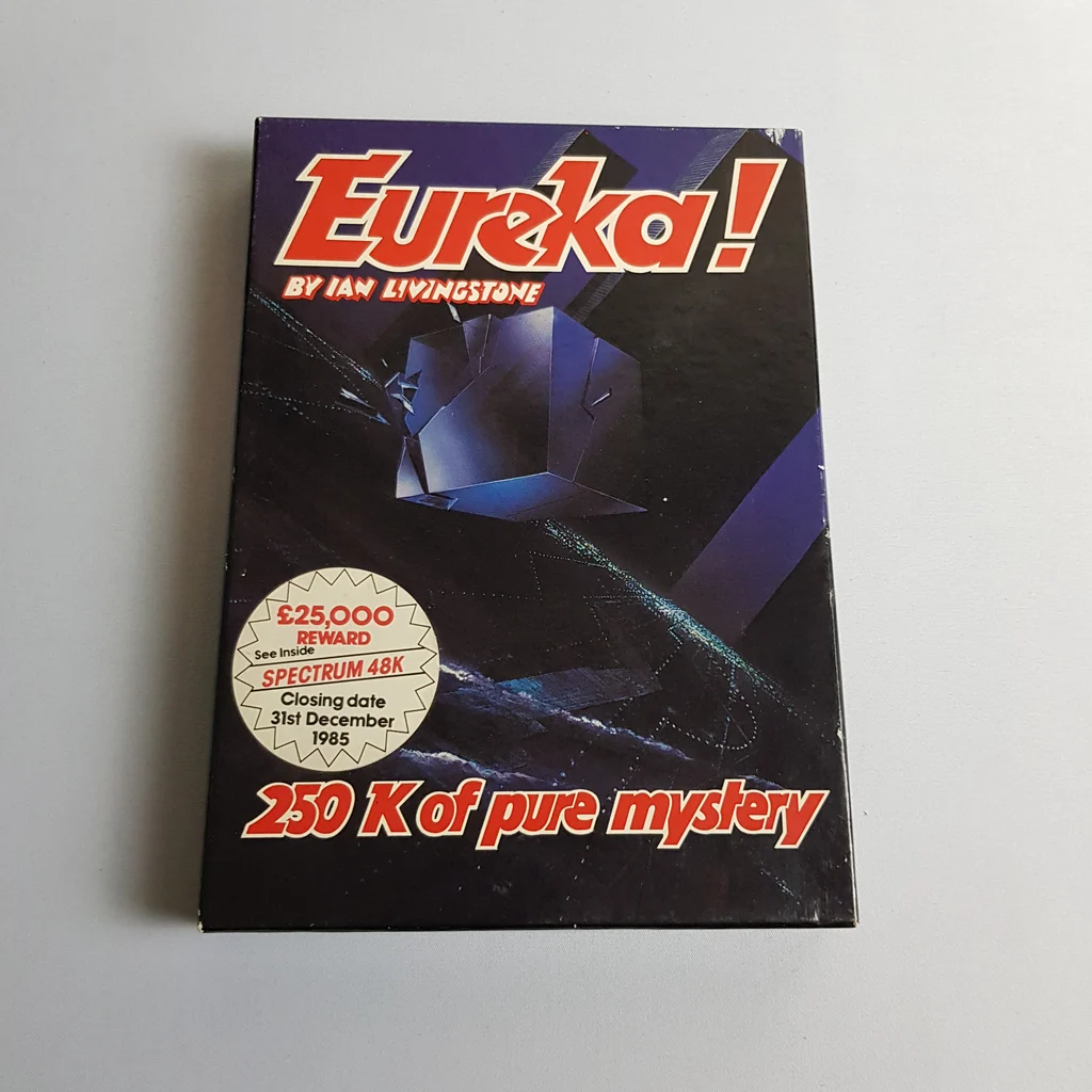 Eureka! Spectrum 48K videojáték doboz elölről Eureka! videojáték doboz elölnézet, Spectrum 48K-hoz, 250 K of pure mystery felirattal