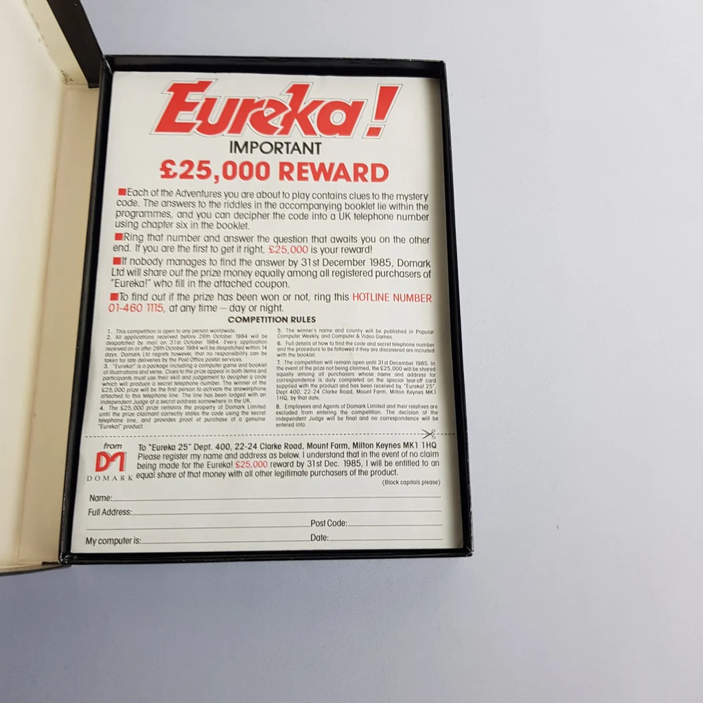 Eureka! Spectrum 48K verseny információk a doboz belsejében Eureka! videojáték doboz belseje, verseny információkkal és szabályokkal