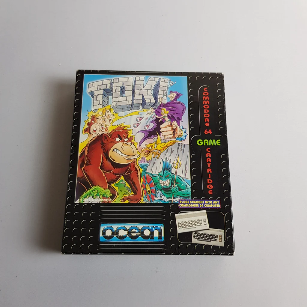 Toki Commodore 64 játék doboz eleje Toki Commodore 64 játék doboz színes borítóval és Ocean logóval