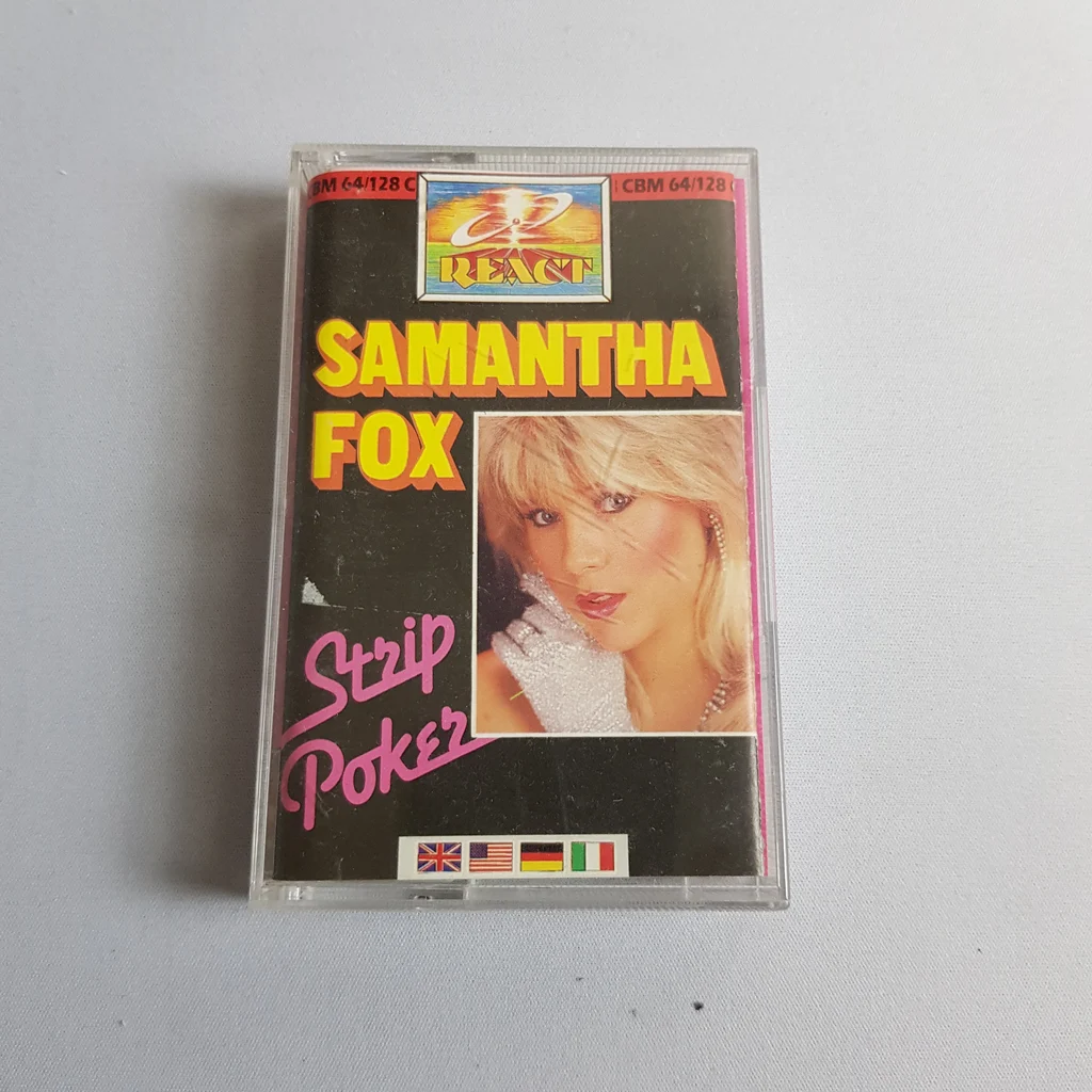 Samantha Fox Strip Poker kazetta előlapja Samantha Fox Strip Poker videojáték kazetta előlapja, színes borítóval és Samantha Fox fotójával
