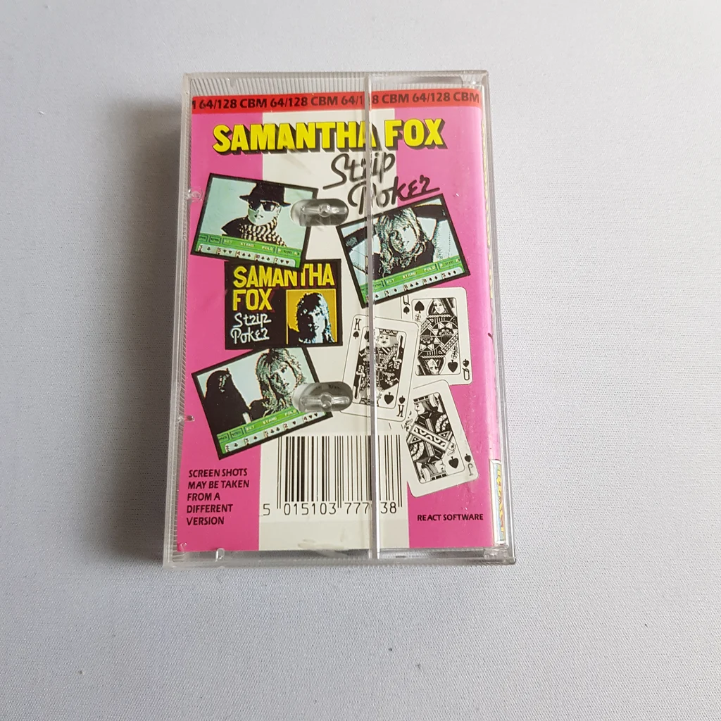 Samantha Fox Strip Poker kazetta hátlapja Samantha Fox Strip Poker videojáték kazetta hátlapja, képernyőképekkel és kártyákkal