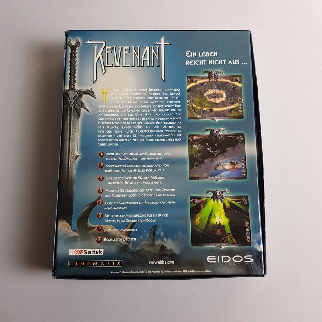 A Revenant PC játék dobozának hátoldala, képekkel és német nyelvű leírással.