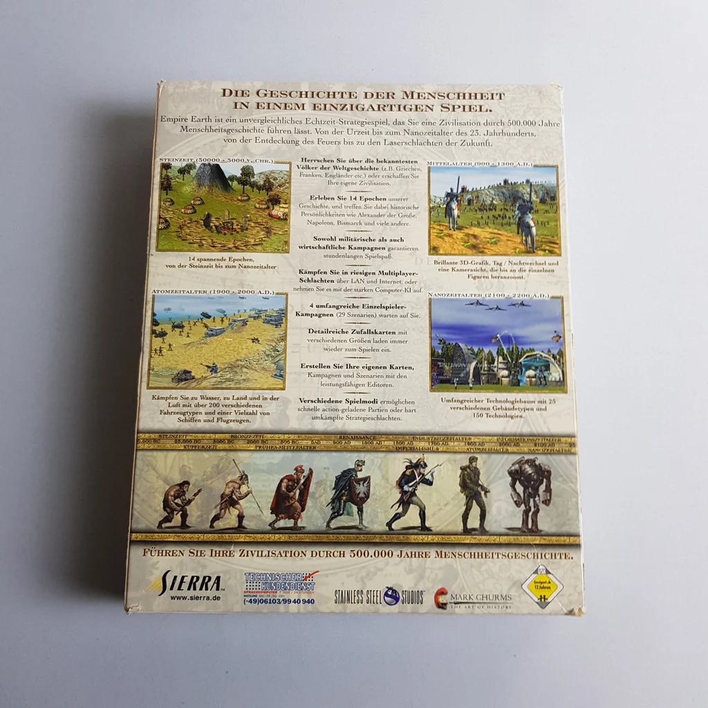 Empire Earth stratégiai PC játék dobozának hátoldala német nyelvű leírással és illusztrációkkal