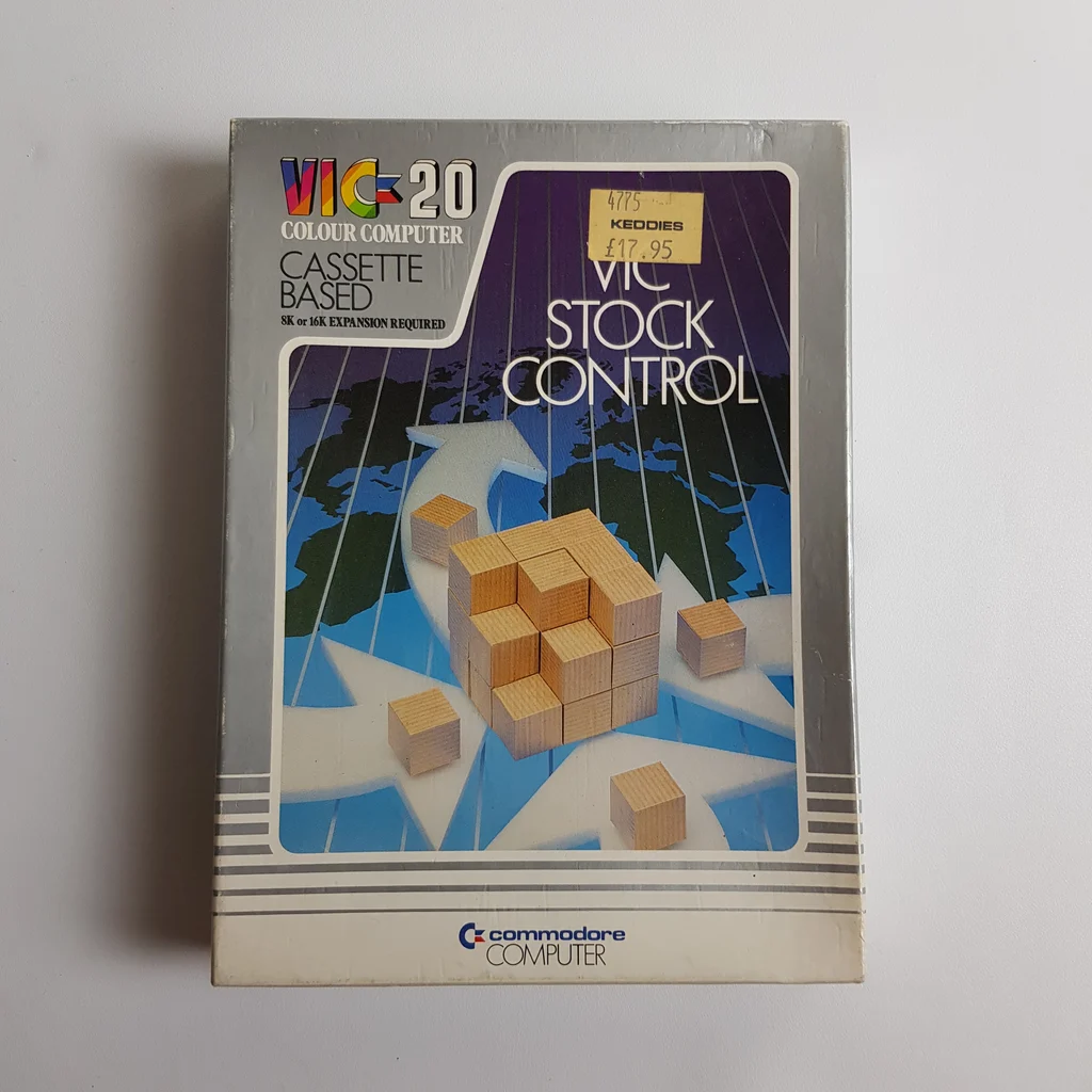 VIC-20 Stock Control szoftver doboz elölről VIC-20 Stock Control szoftver doboza, színes grafikával és logókkal