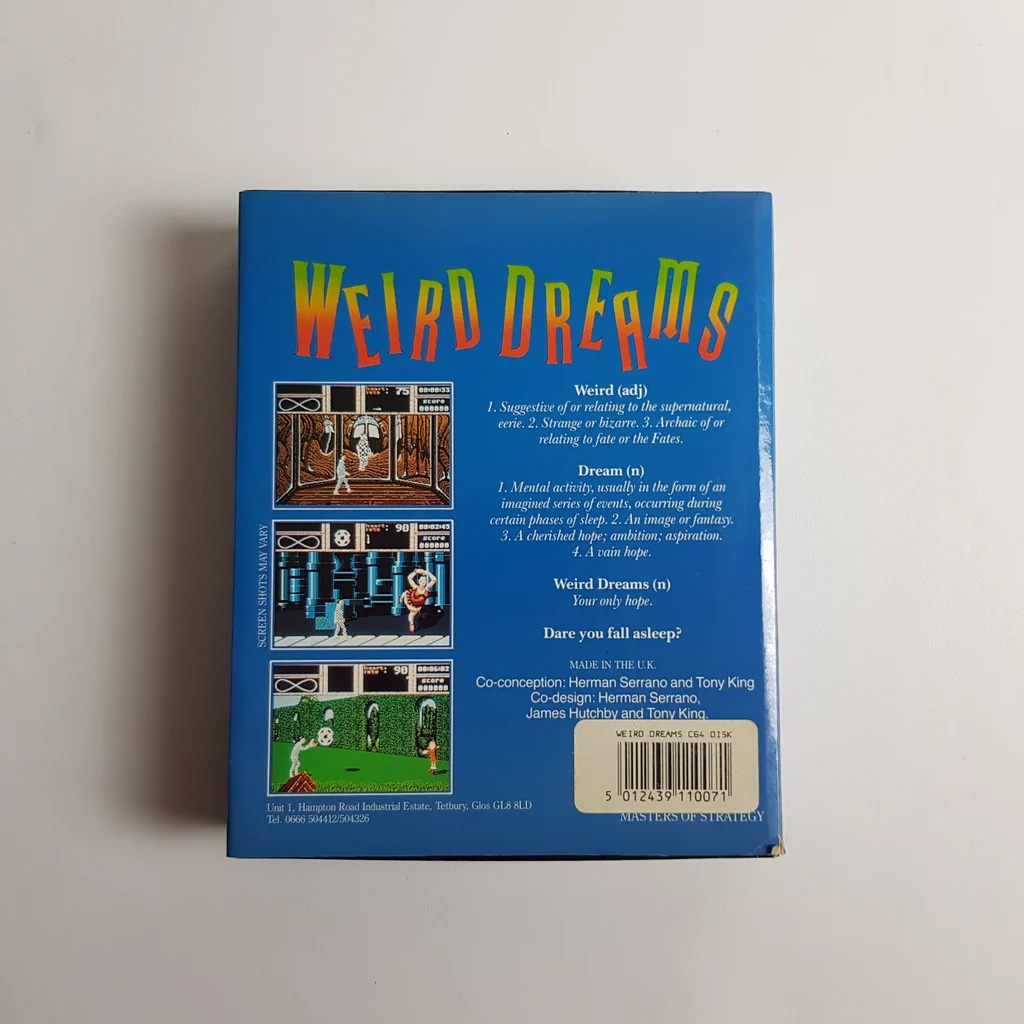 Weird Dreams Commodore 64/128K videojáték doboz hátulról Weird Dreams videojáték doboz hátulnézete, leírással és képernyőképekkel