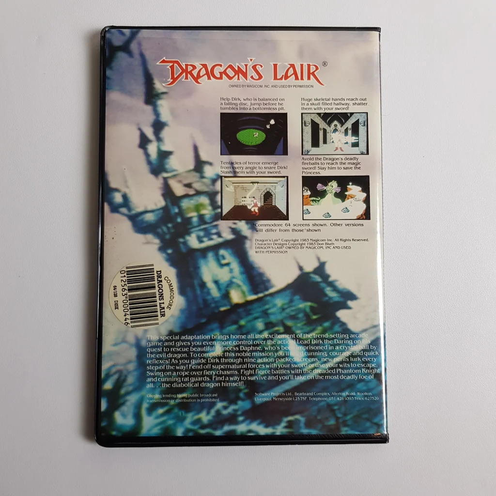 Dragon's Lair hátsó borító Dragon's Lair videojáték hátsó borítója színes grafikával és leírással