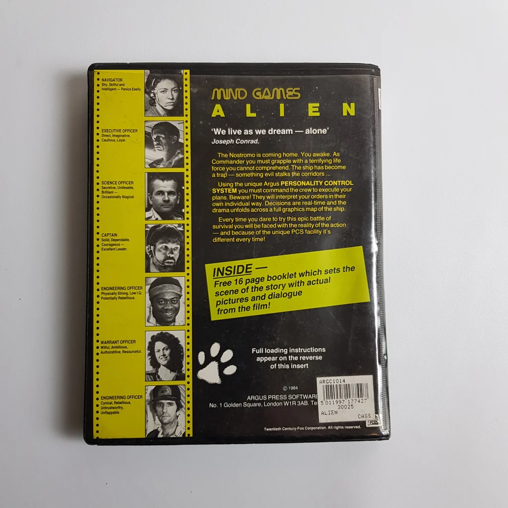 Alien Mind Games Commodore 64 játék doboz hátulról Alien Mind Games játék doboz hátlapja, szereplők képeivel és leírással.